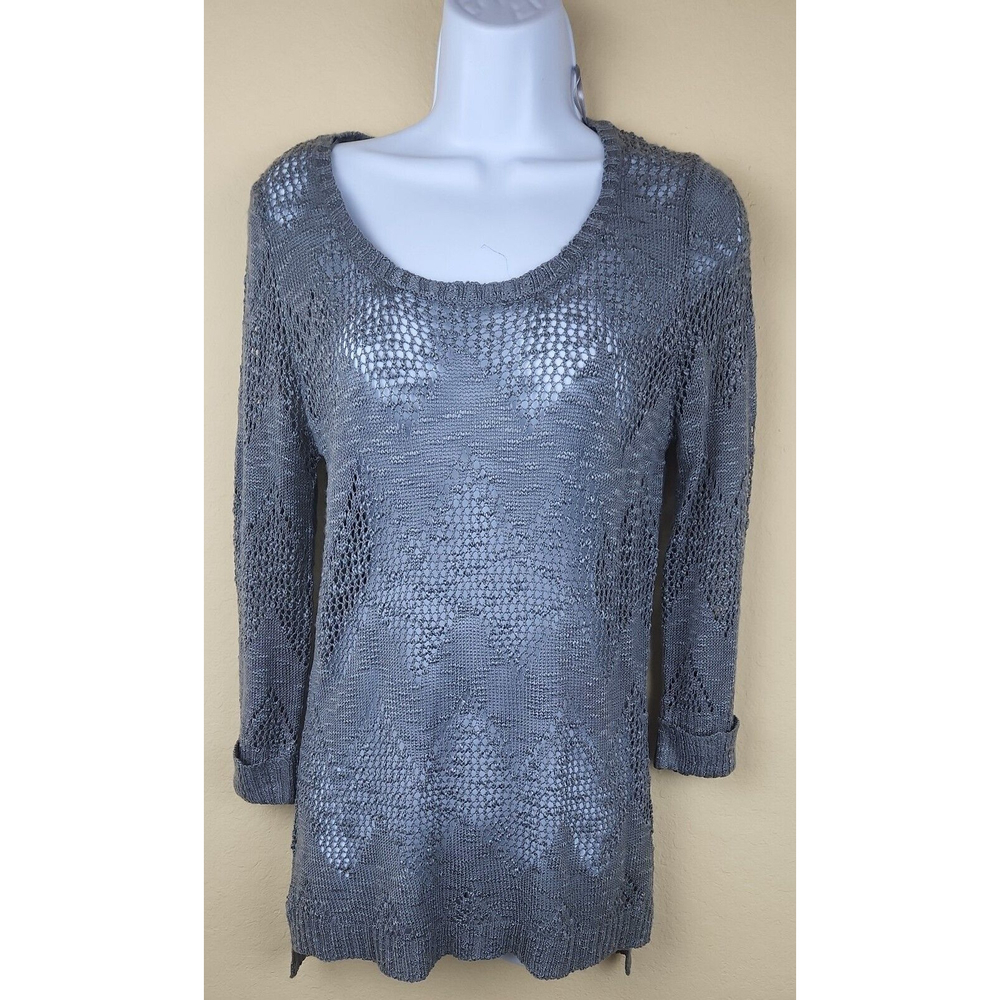 Knox Rose Womens Size L Boho Open Knit Tunic Top gray‎ Split sides trim